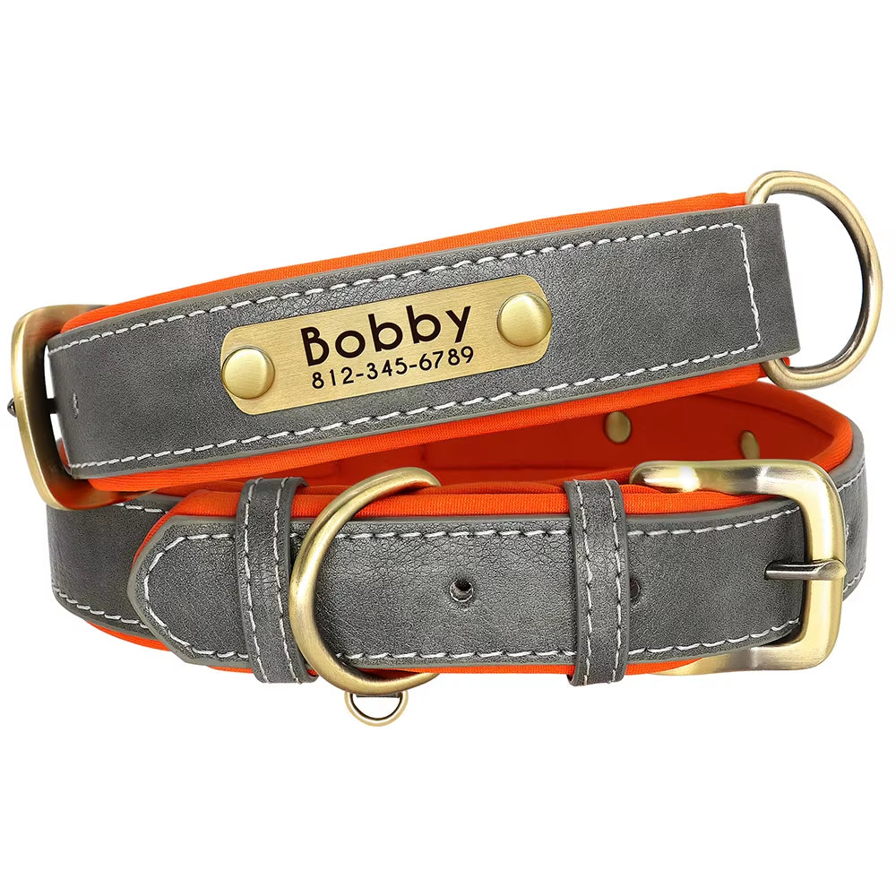 Customized Leather Dog Collar Leash Set Soft Padded Leather Collar for Small Medium Large Dogs with Free Engraved Nameplate