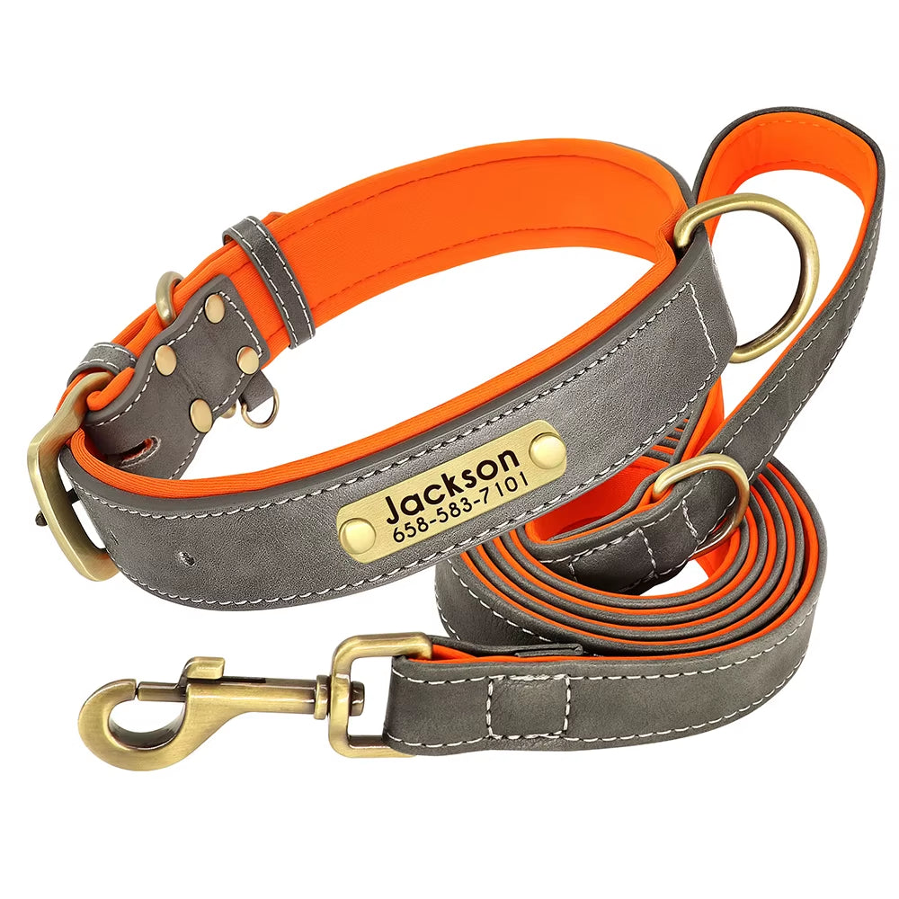 Customized Leather Dog Collar Leash Set Soft Padded Leather Collar for Small Medium Large Dogs with Free Engraved Nameplate
