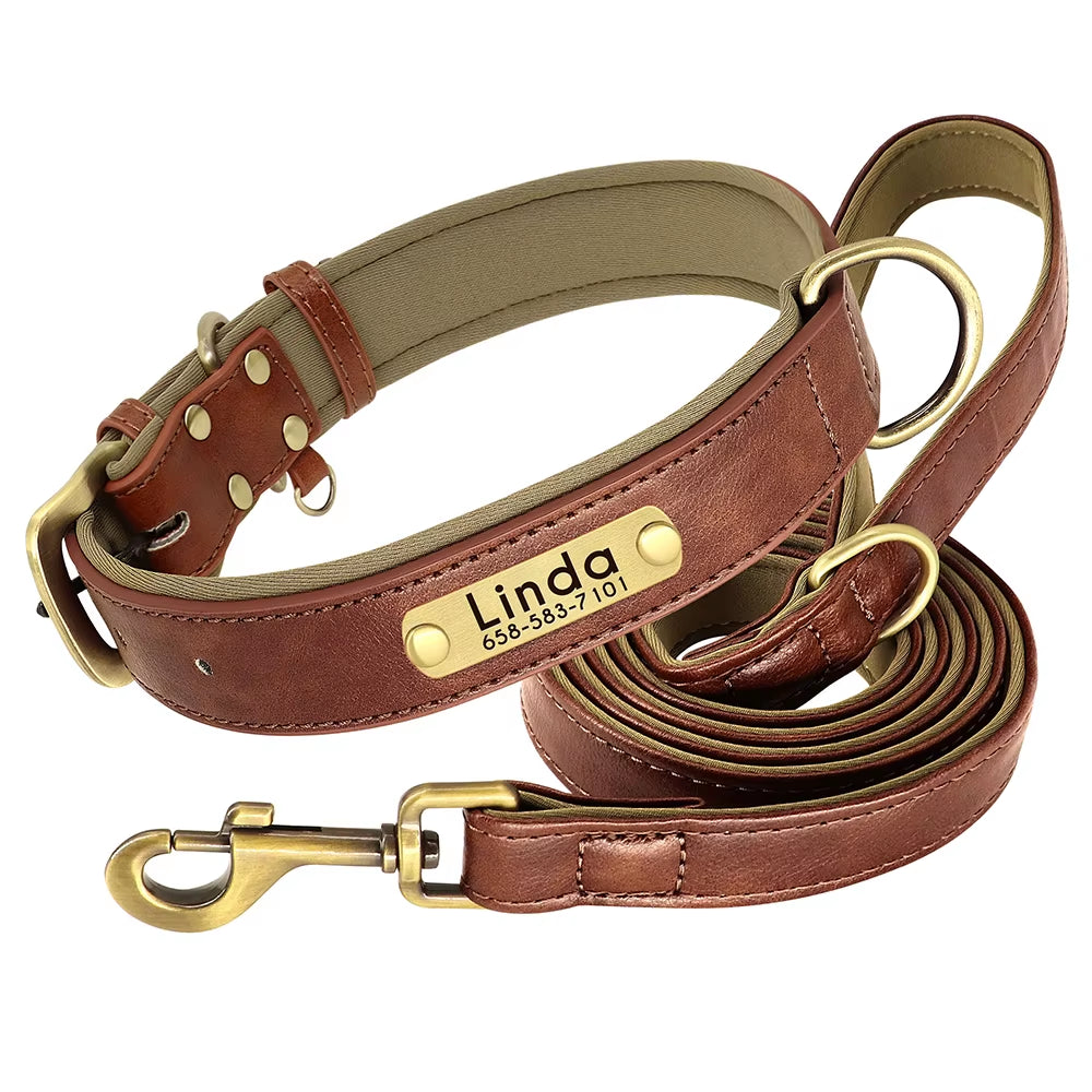 Customized Leather Dog Collar Leash Set Soft Padded Leather Collar for Small Medium Large Dogs with Free Engraved Nameplate