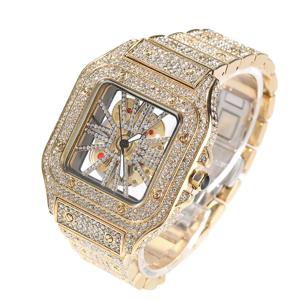 TBTK Iced Out Men Watch Square Dial Quartz Luxury Brand Automatic Wrist Watches Skeleton Clock Hiphop Relogio