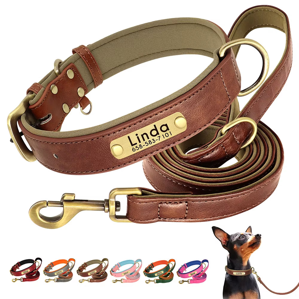Customized Leather Dog Collar Leash Set Soft Padded Leather Collar for Small Medium Large Dogs with Free Engraved Nameplate