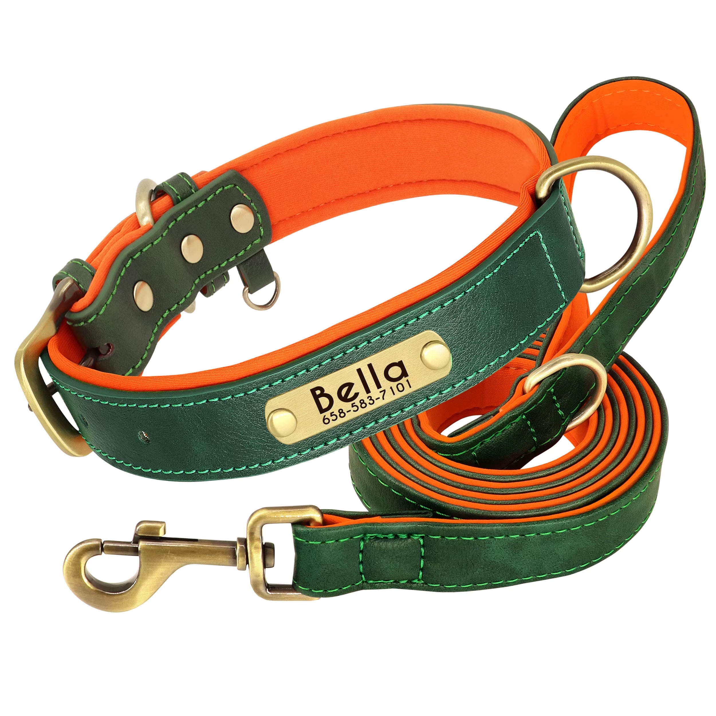 Customized Leather Dog Collar Leash Set Soft Padded Leather Collar for Small Medium Large Dogs with Free Engraved Nameplate