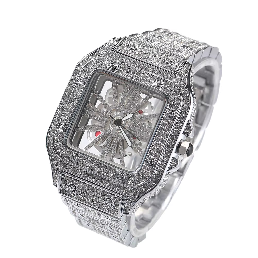 TBTK Iced Out Men Watch Square Dial Quartz Luxury Brand Automatic Wrist Watches Skeleton Clock Hiphop Relogio