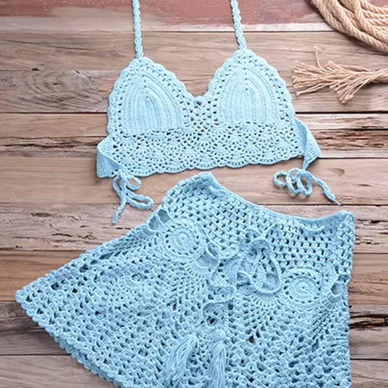 Two-Piece Crochet Women Bikini Set Cover up Swimsuit Swim Skirt Swimwear Bathing Swimdress Beachwear