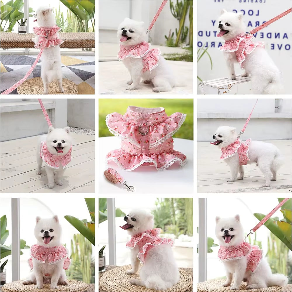 Pink Flower Puppy Harness Mesh Breathable Small Girl Dog Cat Vest Harness Cute Doggy Lace Dress Harness with Leash for Walking
