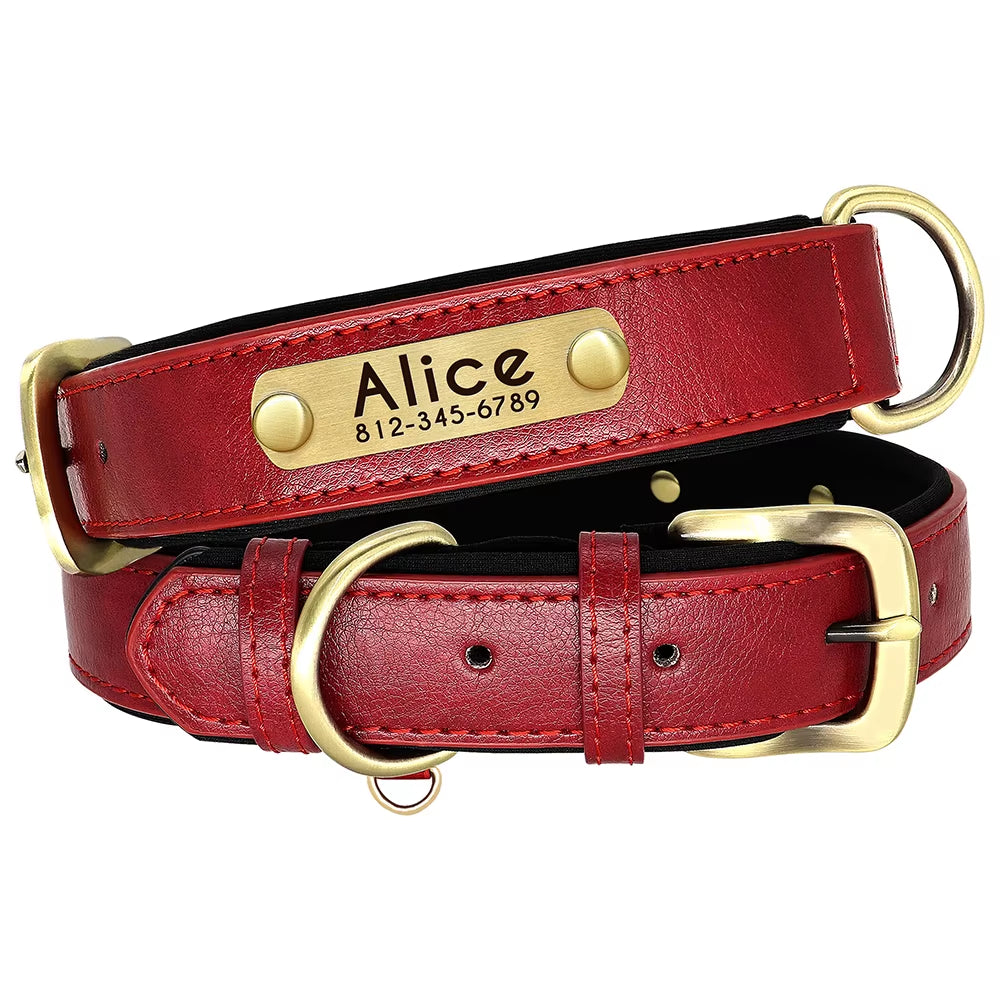 Customized Leather Dog Collar Leash Set Soft Padded Leather Collar for Small Medium Large Dogs with Free Engraved Nameplate