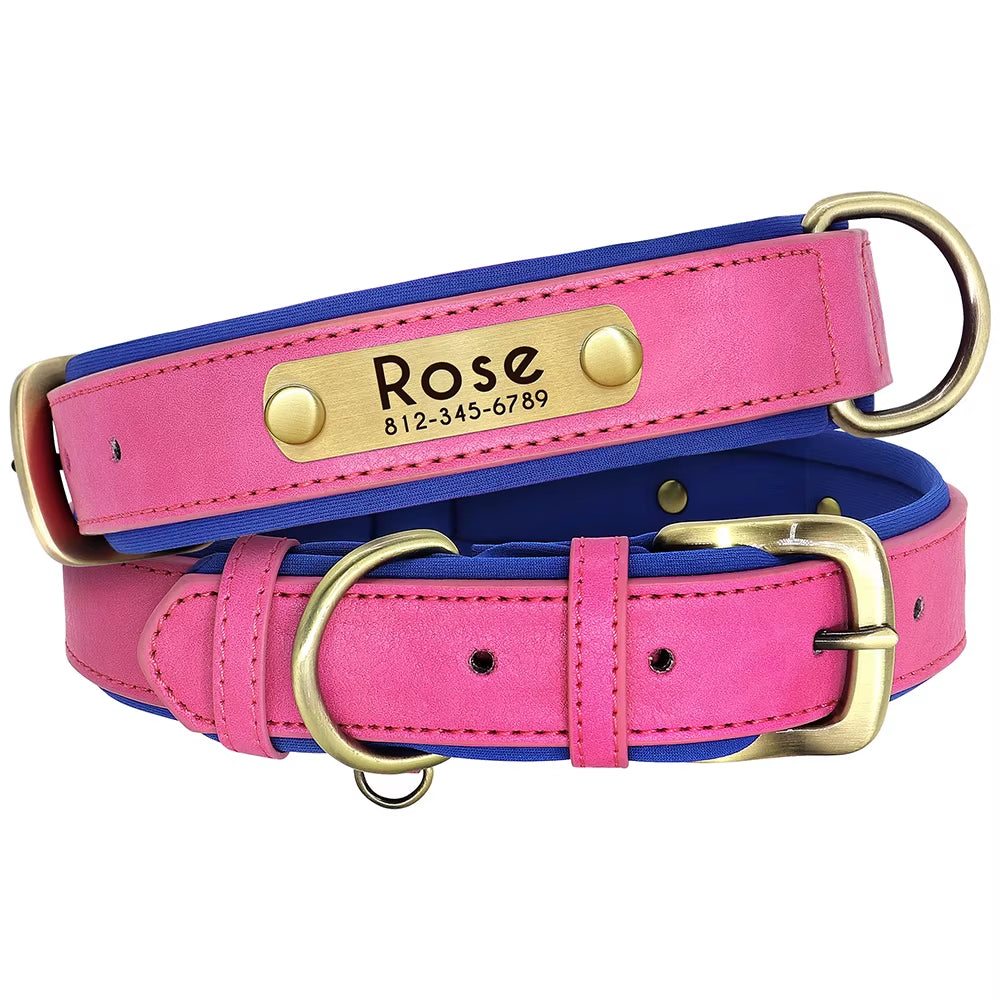 Customized Leather Dog Collar Leash Set Soft Padded Leather Collar for Small Medium Large Dogs with Free Engraved Nameplate