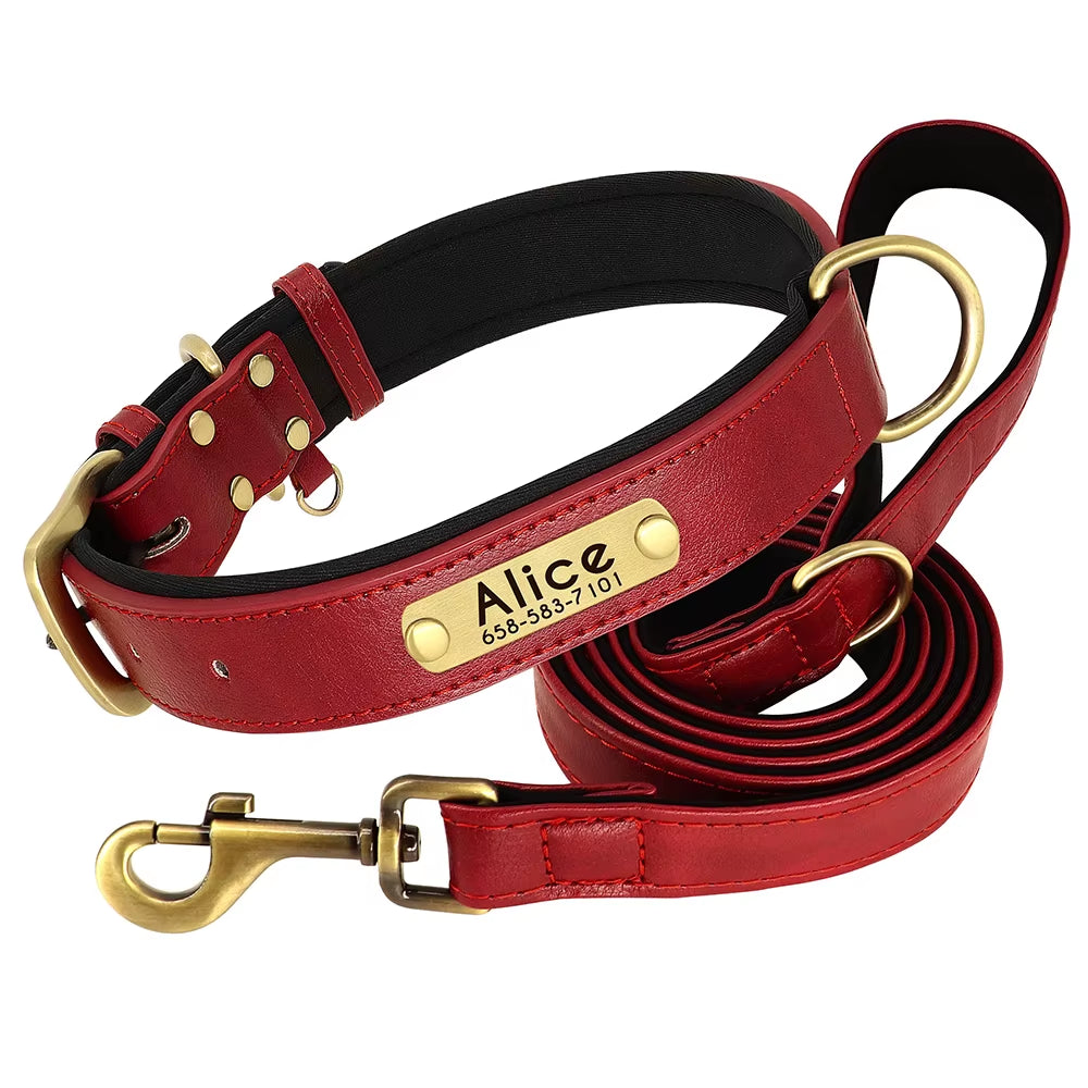 Customized Leather Dog Collar Leash Set Soft Padded Leather Collar for Small Medium Large Dogs with Free Engraved Nameplate