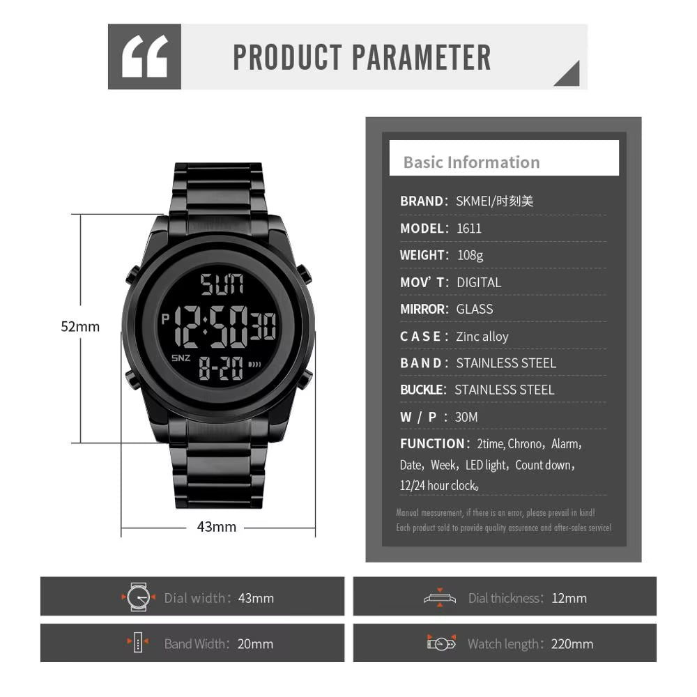 Luxury Waterproof Watch for Men Stainless Steel Electronic Sports Digital Mens Wristwatches Man Clock Reloj Masculino 1611