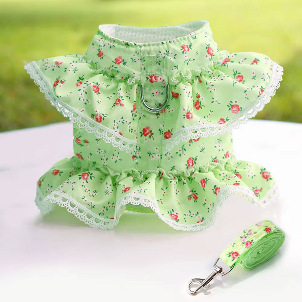 Pink Flower Puppy Harness Mesh Breathable Small Girl Dog Cat Vest Harness Cute Doggy Lace Dress Harness with Leash for Walking
