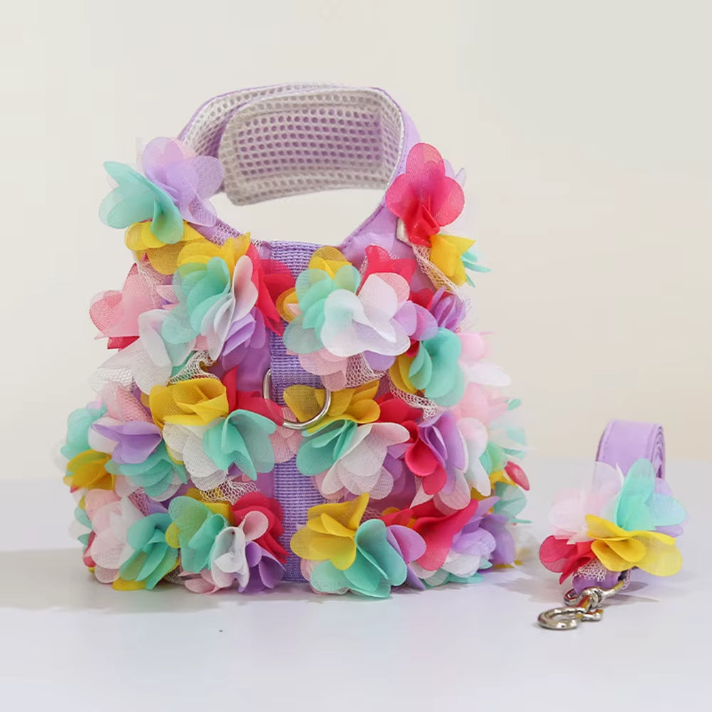 Pink Flower Puppy Harness Mesh Breathable Small Girl Dog Cat Vest Harness Cute Doggy Lace Dress Harness with Leash for Walking