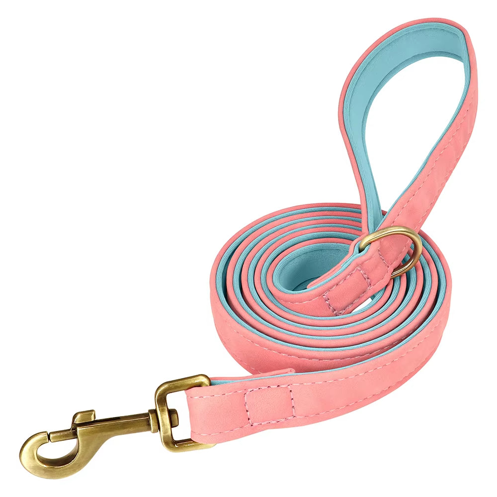Customized Leather Dog Collar Leash Set Soft Padded Leather Collar for Small Medium Large Dogs with Free Engraved Nameplate