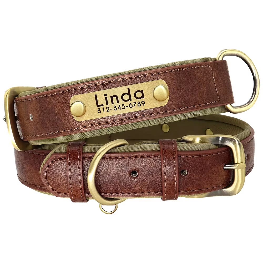 Customized Leather Dog Collar Leash Set Soft Padded Leather Collar for Small Medium Large Dogs with Free Engraved Nameplate