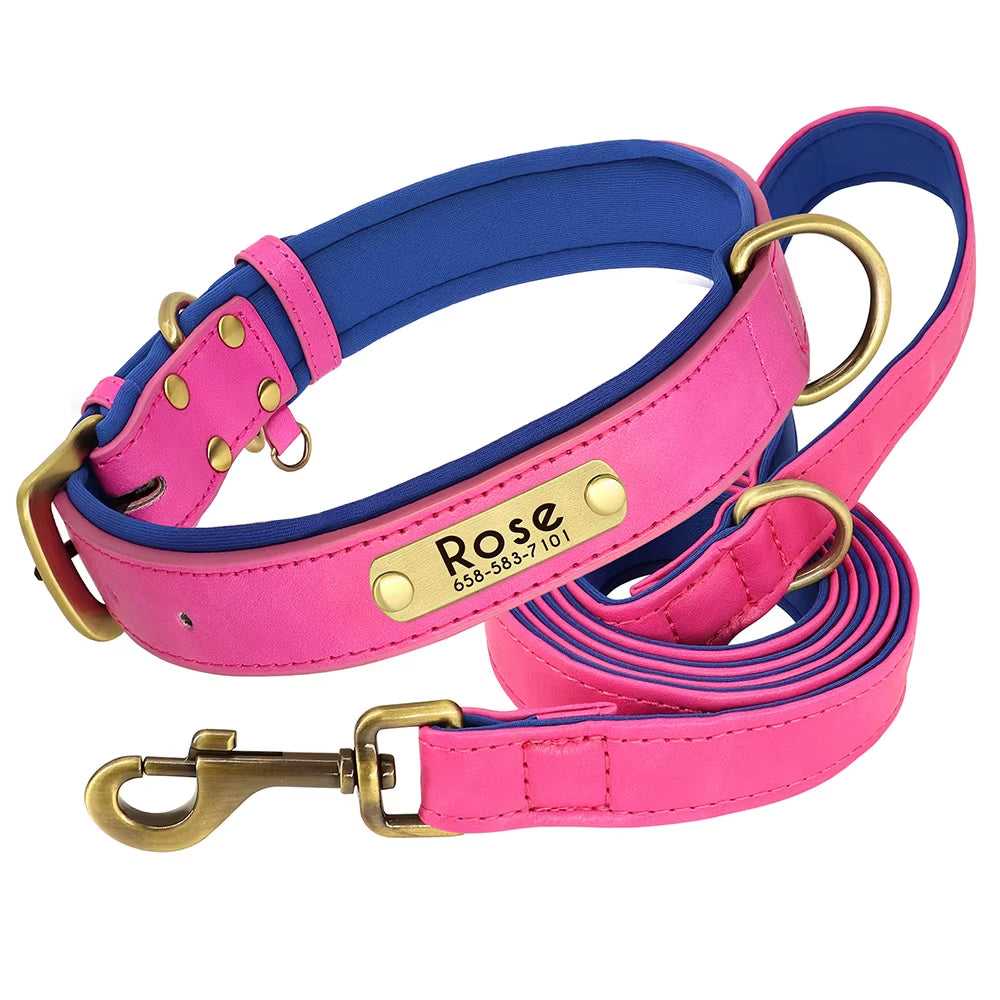 Customized Leather Dog Collar Leash Set Soft Padded Leather Collar for Small Medium Large Dogs with Free Engraved Nameplate