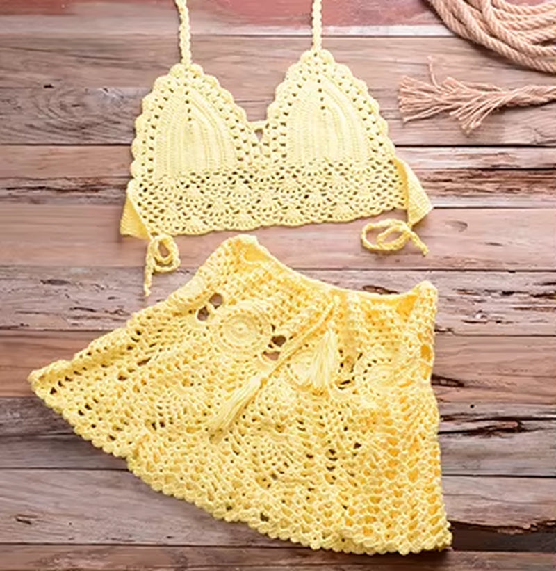 Two-Piece Crochet Women Bikini Set Cover up Swimsuit Swim Skirt Swimwear Bathing Swimdress Beachwear
