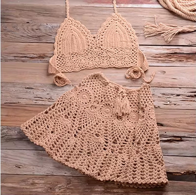 Two-Piece Crochet Women Bikini Set Cover up Swimsuit Swim Skirt Swimwear Bathing Swimdress Beachwear