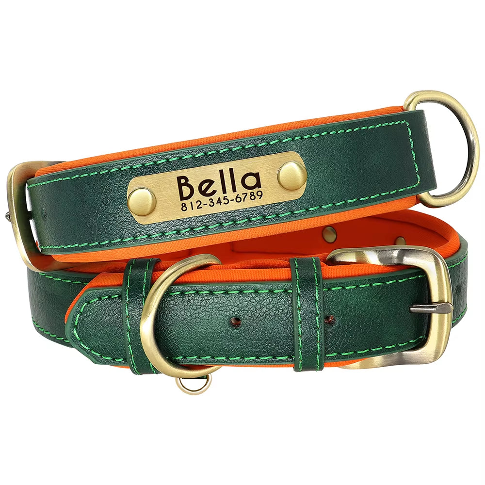 Customized Leather Dog Collar Leash Set Soft Padded Leather Collar for Small Medium Large Dogs with Free Engraved Nameplate