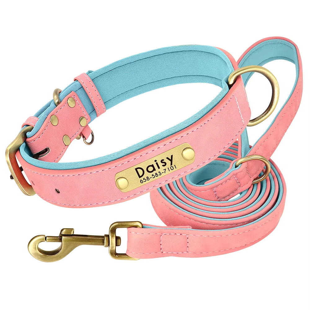 Customized Leather Dog Collar Leash Set Soft Padded Leather Collar for Small Medium Large Dogs with Free Engraved Nameplate