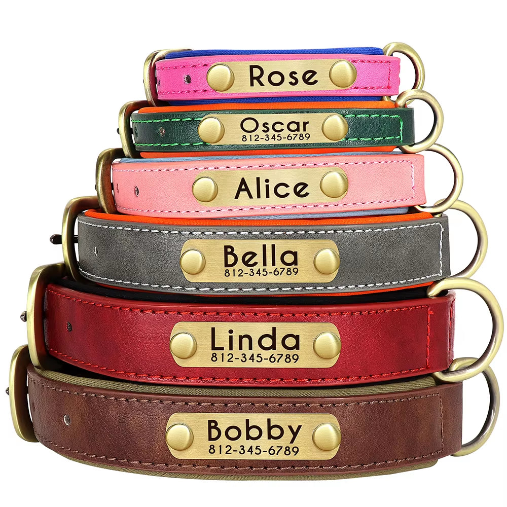 Customized Leather Dog Collar Leash Set Soft Padded Leather Collar for Small Medium Large Dogs with Free Engraved Nameplate