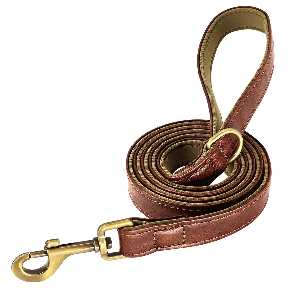 Customized Leather Dog Collar Leash Set Soft Padded Leather Collar for Small Medium Large Dogs with Free Engraved Nameplate