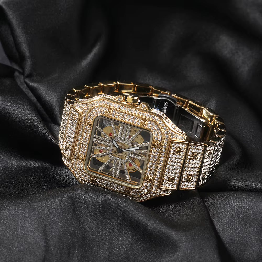 TBTK Iced Out Men Watch Square Dial Quartz Luxury Brand Automatic Wrist Watches Skeleton Clock Hiphop Relogio