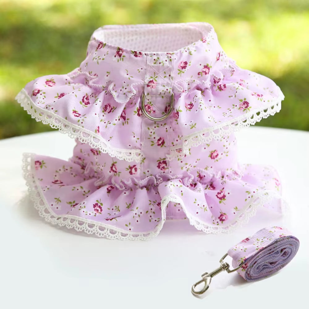 Pink Flower Puppy Harness Mesh Breathable Small Girl Dog Cat Vest Harness Cute Doggy Lace Dress Harness with Leash for Walking