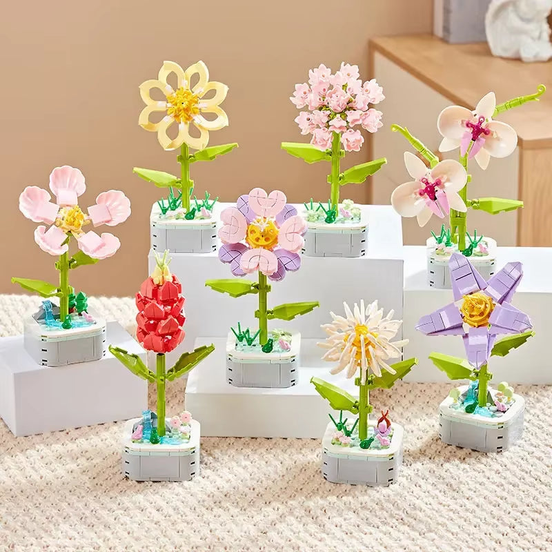 Rose Bouquet Orchid Beautiful Block Flower Succulents Potted Building Blocks Romantic Kit Assembly Building Toy Girl Gift