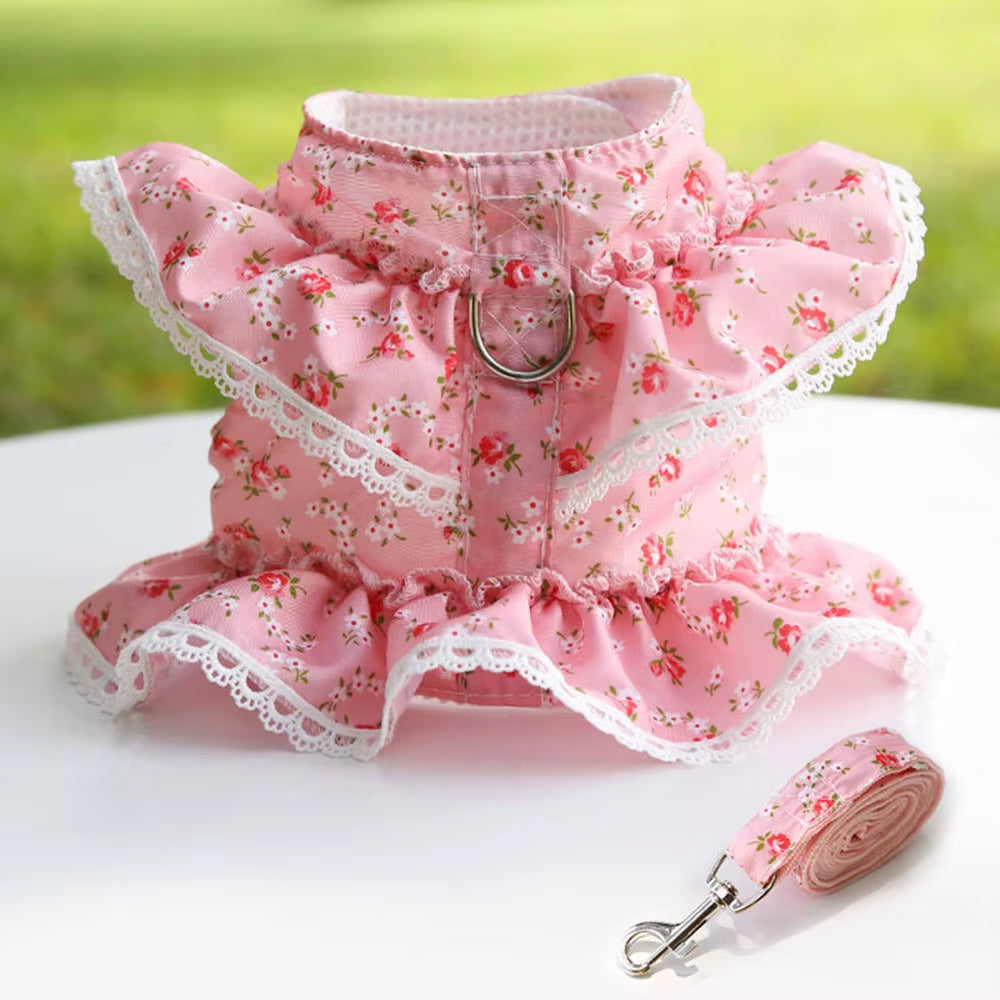 Pink Flower Puppy Harness Mesh Breathable Small Girl Dog Cat Vest Harness Cute Doggy Lace Dress Harness with Leash for Walking