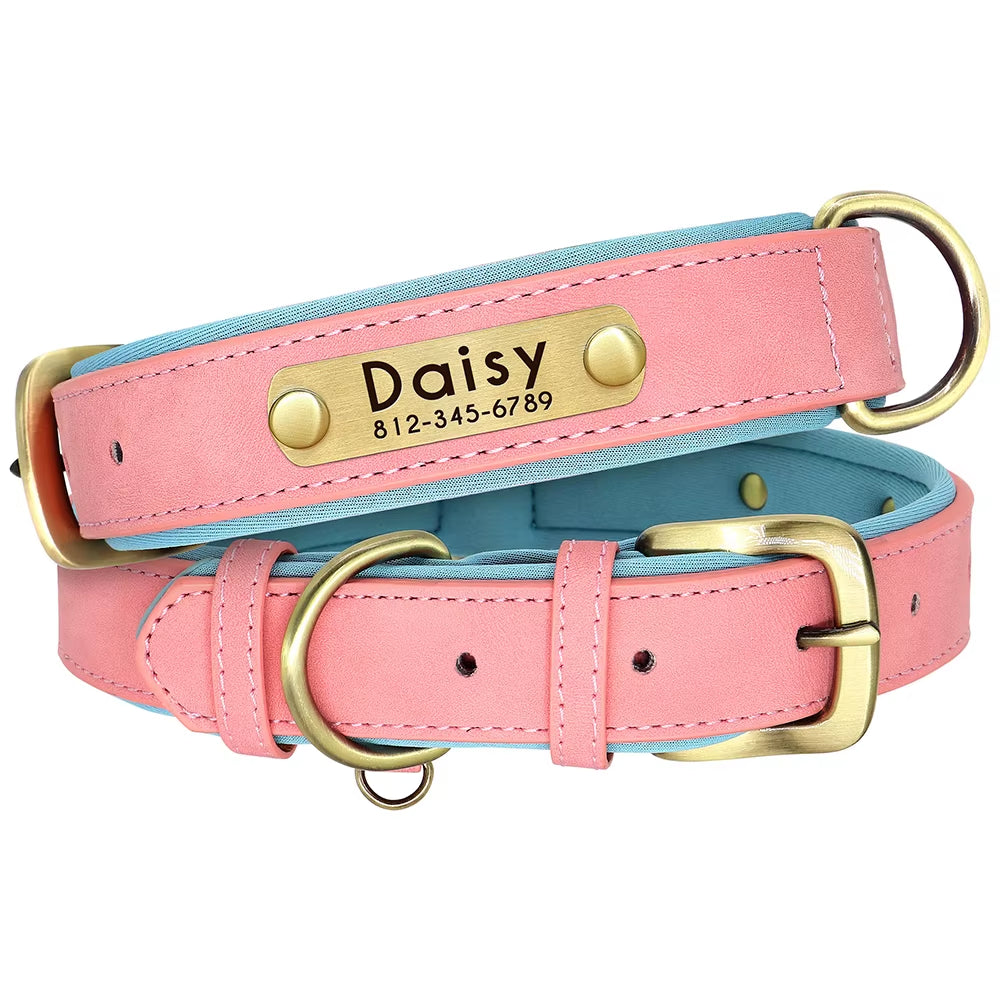 Customized Leather Dog Collar Leash Set Soft Padded Leather Collar for Small Medium Large Dogs with Free Engraved Nameplate