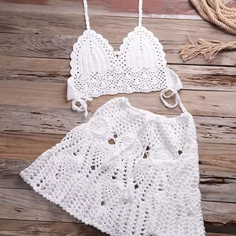Two-Piece Crochet Women Bikini Set Cover up Swimsuit Swim Skirt Swimwear Bathing Swimdress Beachwear